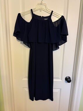 Vince Camuto Navy Off-the-Shoulder Ruffle Midi Dress